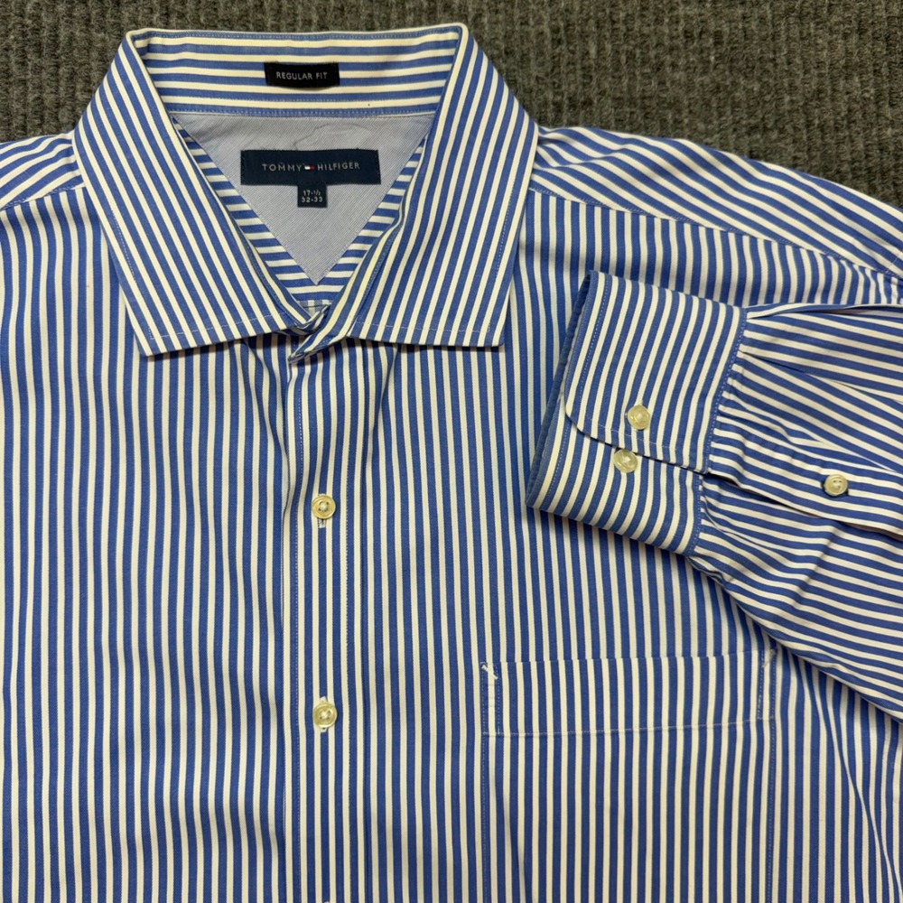 Tommy Hilfiger Dress Shirt Mens 17.5 32-33 Blue White Stripe Regular Fit